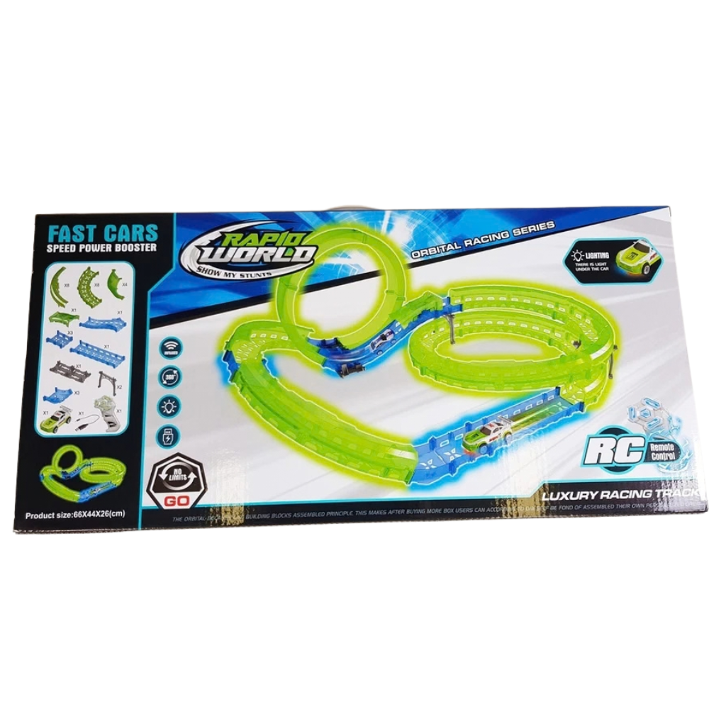 Glow in the Dark Multi-Level Race Track Set 35pc RC Car Stunt Racing Toy 6+