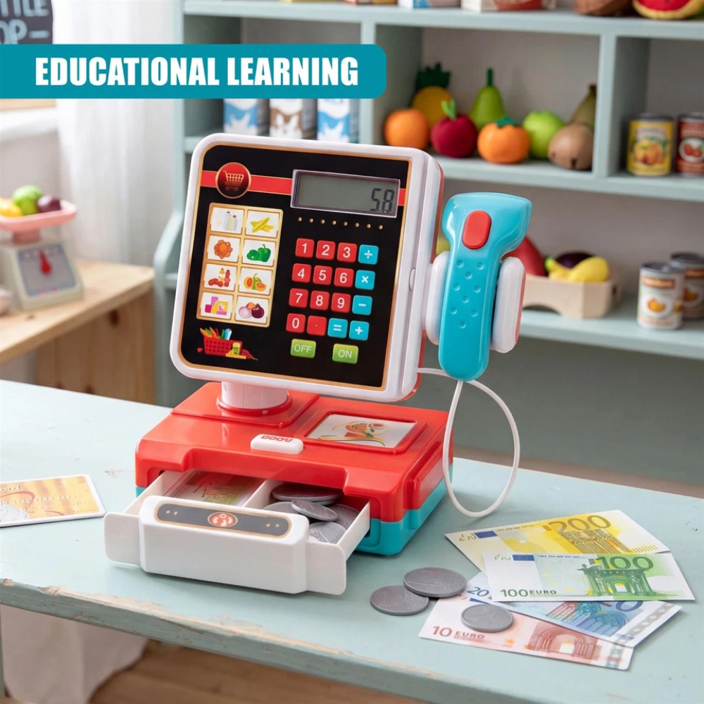 Kids Electronic Cash Register Toy with Lights & Sounds Supermarket Till & Money Set Red