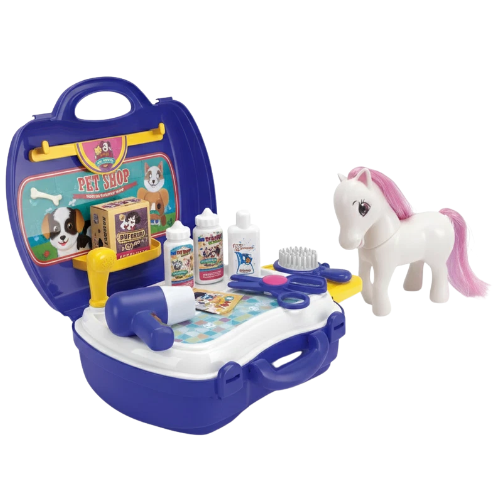 Kids Pony Grooming Play Set 16PCS Pet Salon Toy with Portable Suitcase for Children