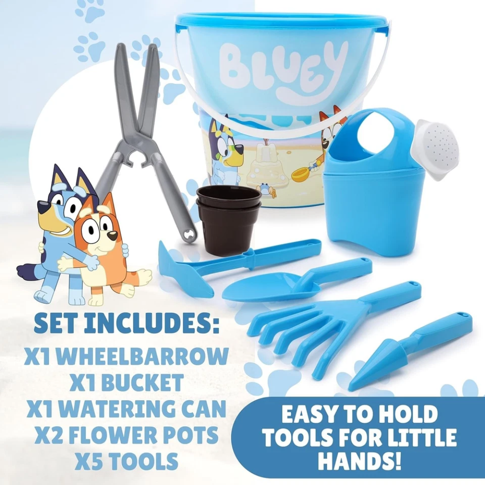 Toyland Bluey 10 Piece Gardening Set for Kids Outdoor Garden Playset Wheelbarrow Watering Can Tools Age 2+