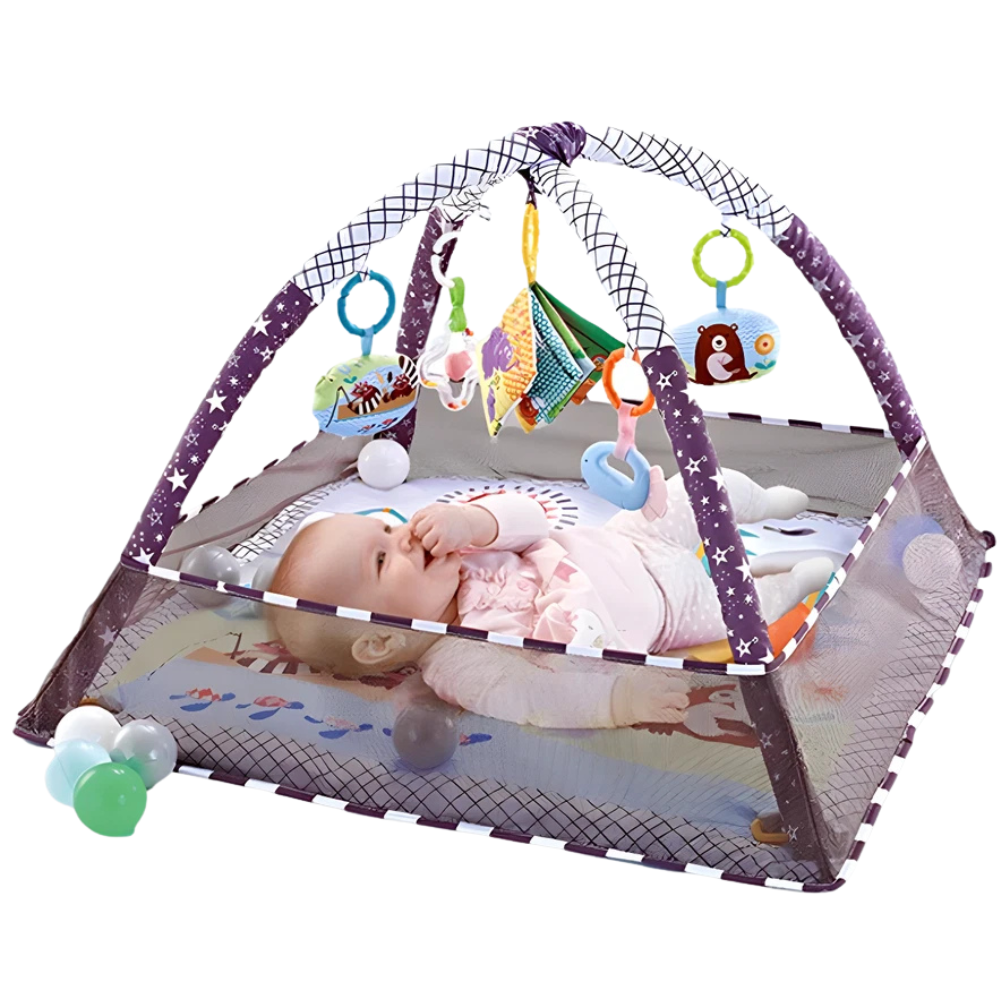 RLS Grey Baby Activity Gym Play Mat with Safety Net, 5 Hanging Toys and 18 Ocean Balls