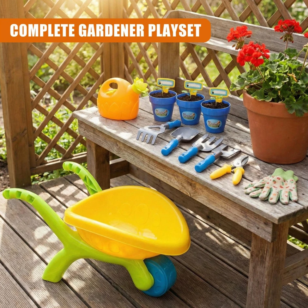 Kids Garden Tool Set with Wheelbarrow 14pc Toy Watering Can Spade Outdoor Beach Fun