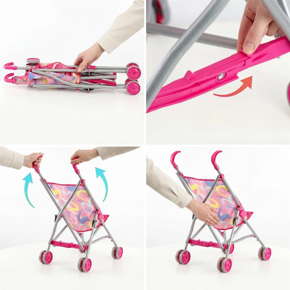 Foldable Pink Baby Doll Stroller Buggy Pram Jogger with Accessories Toy for Kids Roleplay