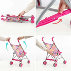 Foldable Pink Baby Doll Stroller Buggy Pram Jogger with Accessories Toy for Kids Roleplay