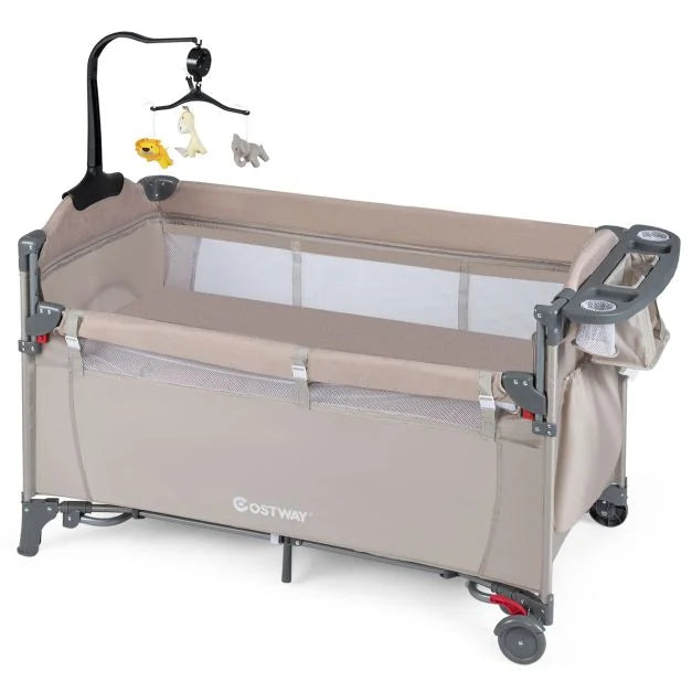 5-in-1 Bedside Baby Bassinet with Diaper Changer and Fun Hanging Toys