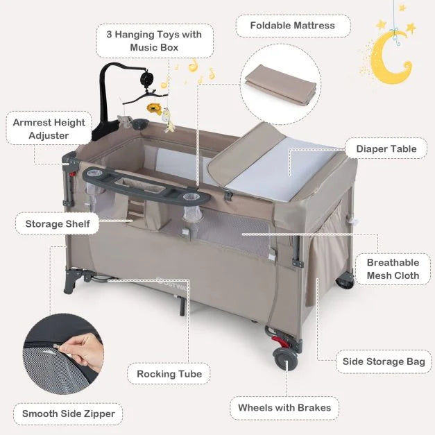 5-in-1 Bedside Baby Bassinet with Diaper Changer and Fun Hanging Toys