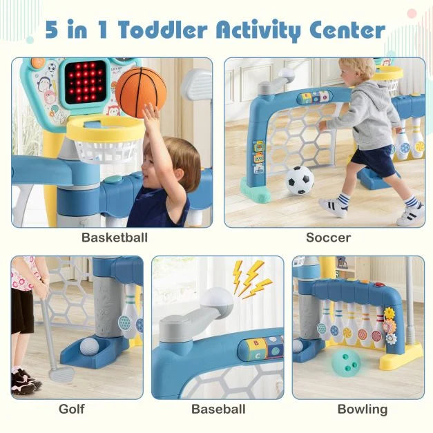 Kids 5-in-1 Sports Toy with Adjustable Basketball Hoop
