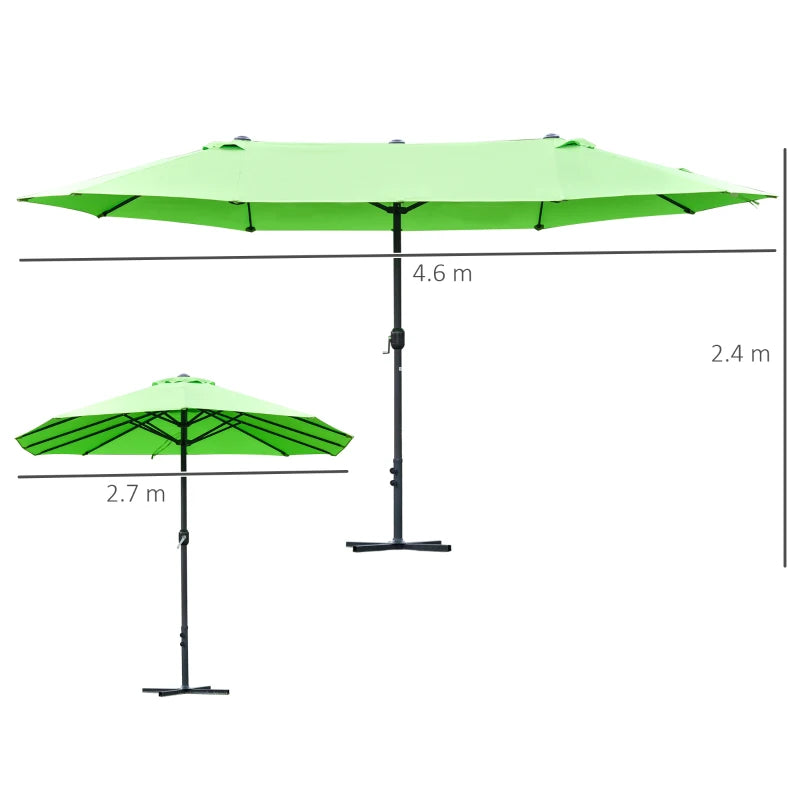 Sturdy green sun umbrella with double-sided crank and cross base for easy use 4.6m