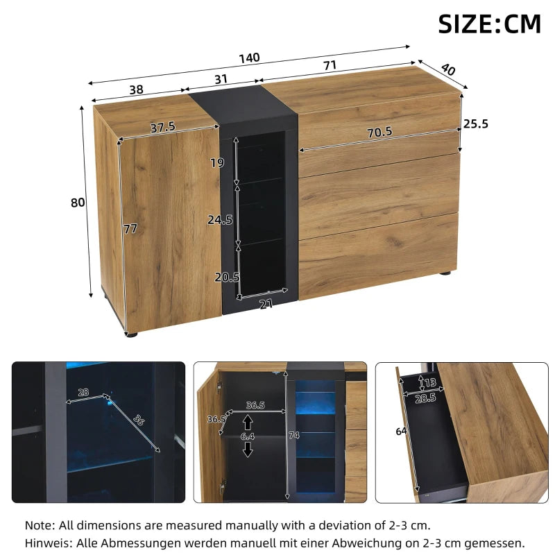Stylish Modern Sideboard with LED Lighting, Drawers & Glass Shelves, 140cm