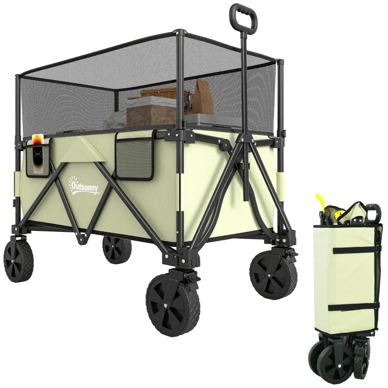 Folding Garden Trolley with 180L Capacity & Extendable Side Walls for Beach, Camping Green