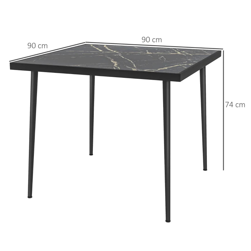 Square Garden Dining Table for 4 with Tempered Marble Effect Glass, Steel Frame, Black