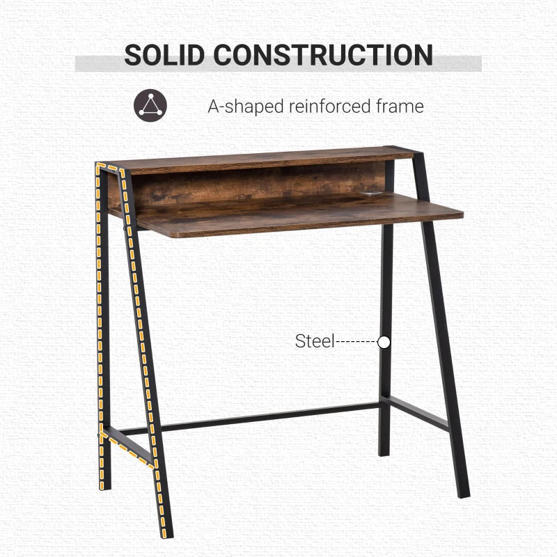 Work Desk – Rustic Brown Compact Writing Table with Lower Storage Shelf