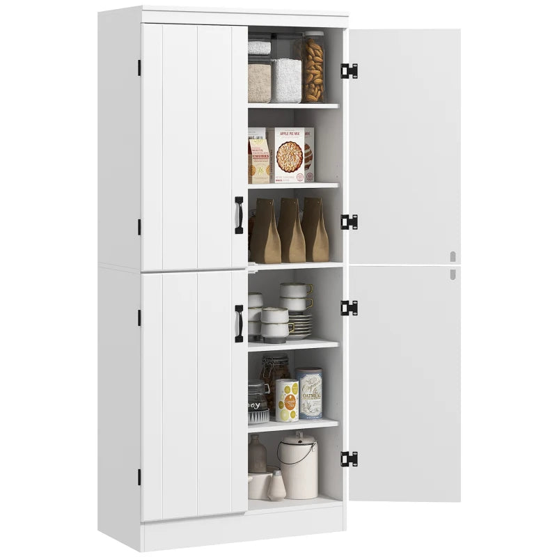 White Tall Kitchen Cupboard, 4-Door, 6-Tier Storage Cabinet