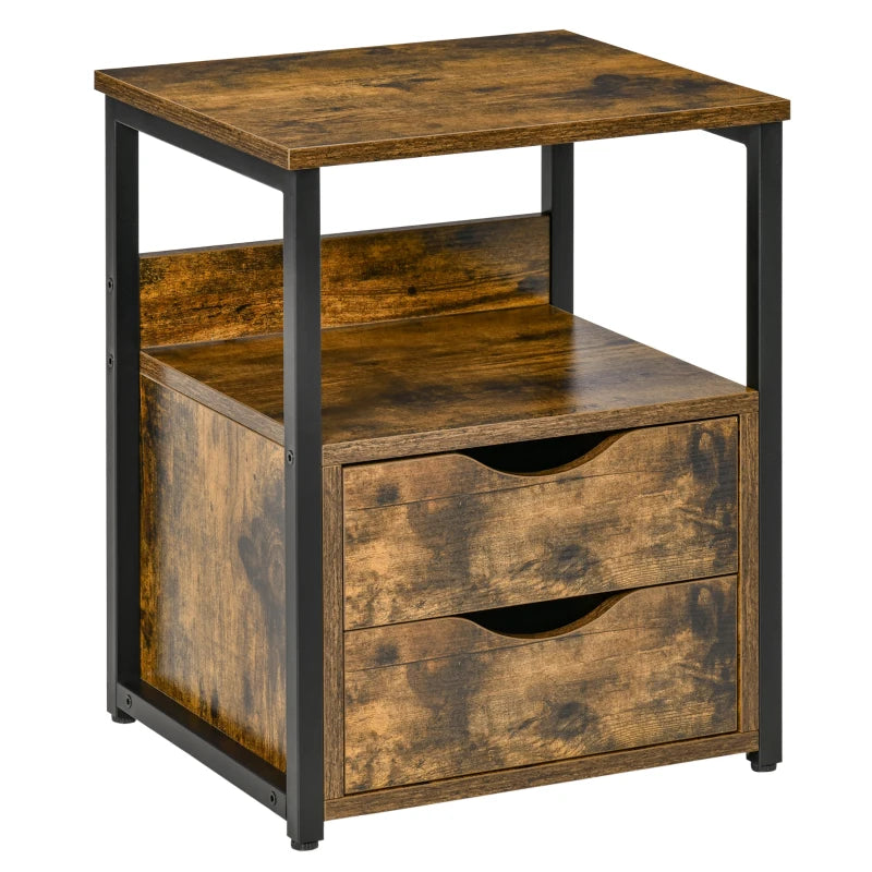 Industrial Nightstand – Slim Side Table with Drawer & Shelf, Rustic Brown