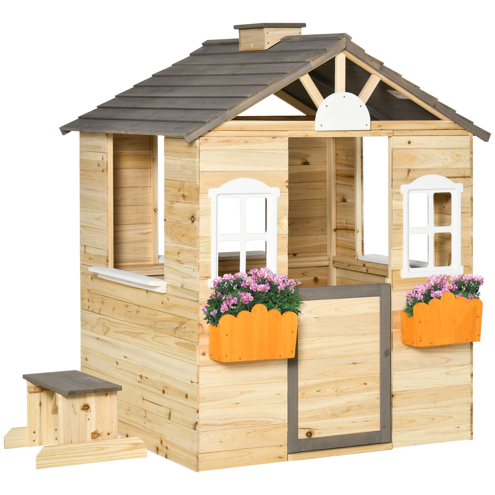 Kids Wooden Outdoor Playhouse with Service Station, Door & Bench, Perfect for Ages 3-7