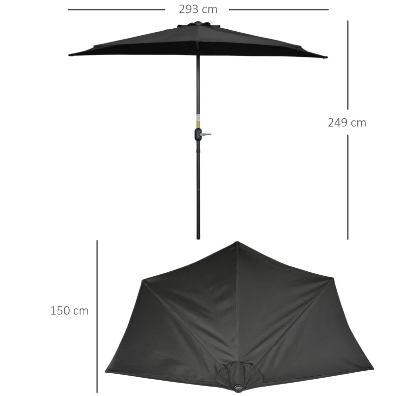 Balcony & Garden 3m Half Parasol with Crank Handle, Metal Frame, Semi-Round, Black