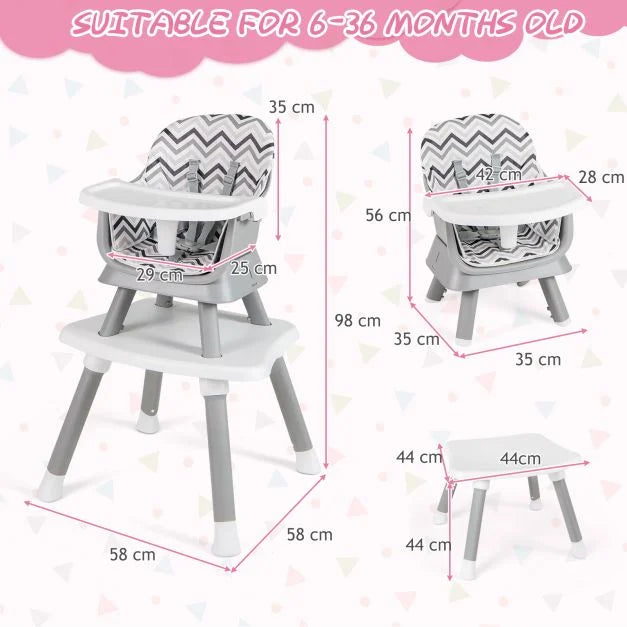 Baby High Chair 6-in-1 with Secure 5-Point Harness and Easy-Clean Removable Tray