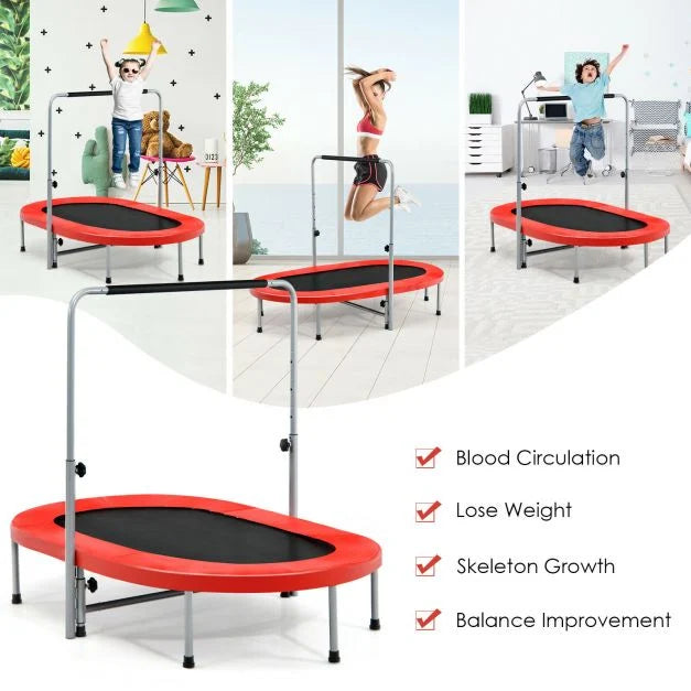 Foldable Double Fitness Trampoline with Adjustable Handrail – Exercise at Home