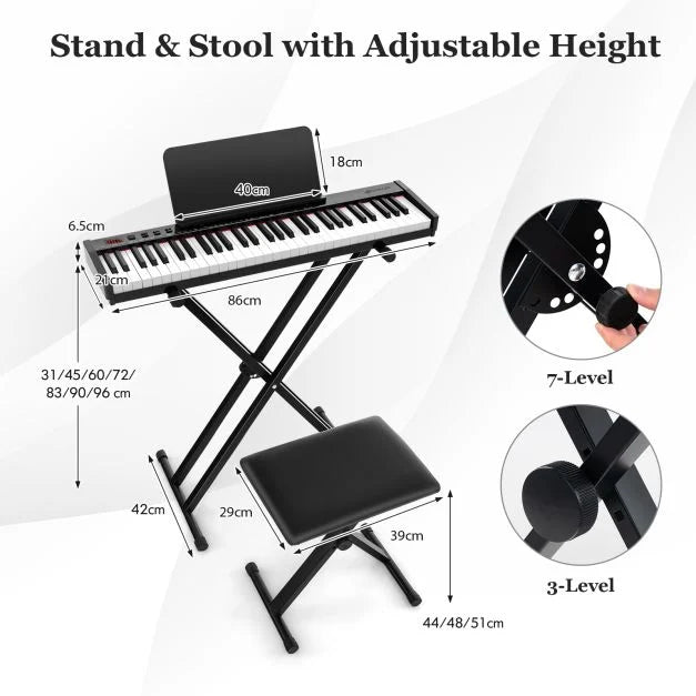 Portable 61-Key Electronic Piano Keyboard with Stand & Stool