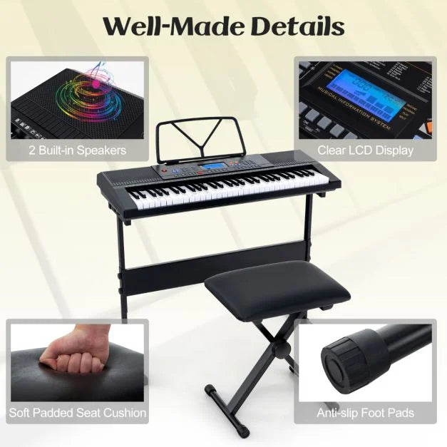 61-Key Digital Keyboard Piano with Stand and Stool – Portable Music Set