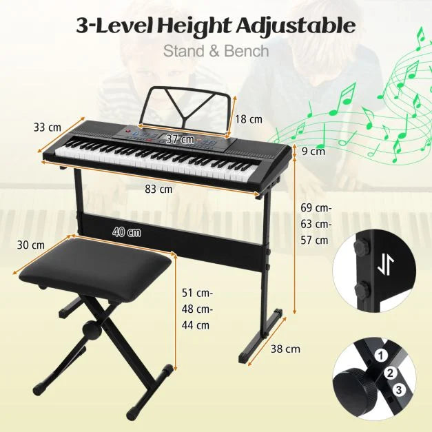 61-Key Digital Keyboard Piano with Stand and Stool – Portable Music Set