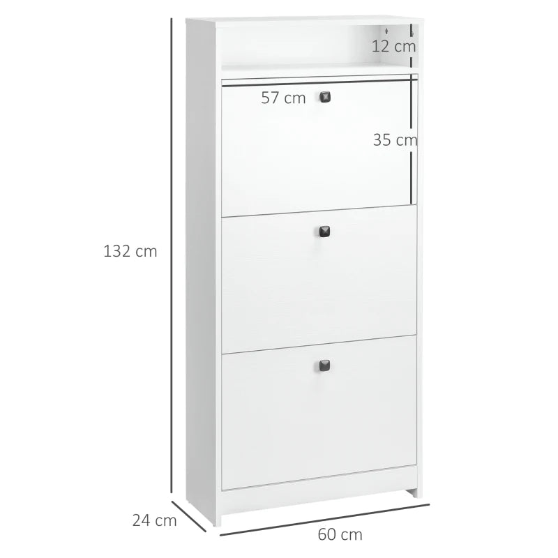 White Narrow Shoe Cabinet – 3 Flip Doors for 14-18 Pairs, Slim Hallway
