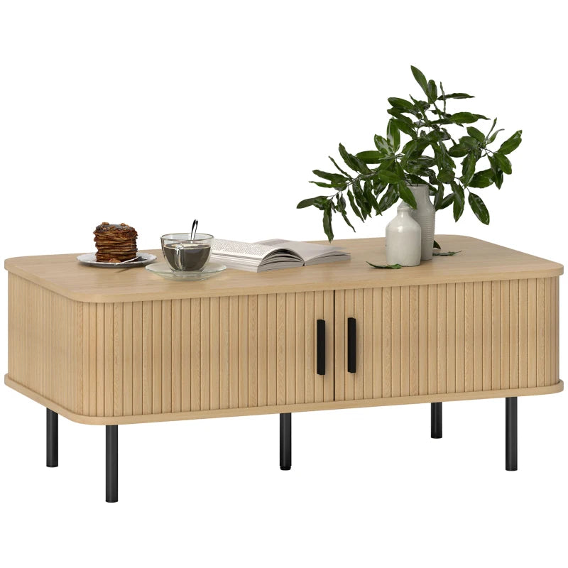 Rectangular Coffee Table – Oak with Storage & Slatted Sliding Doors