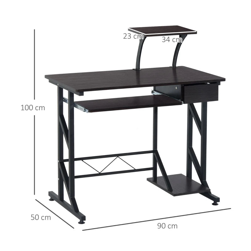 Office Desk with Sliding Tray & Display Stand, Dark Brown