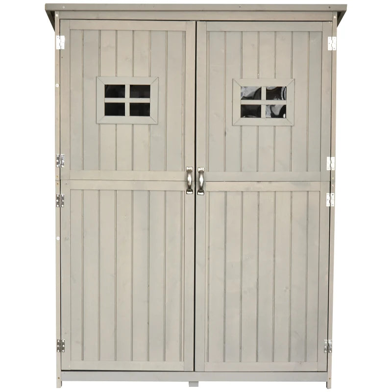 Wooden Garden Storage Shed with Double Doors, 2 Windows – Outdoor Tool Cabinet, Grey