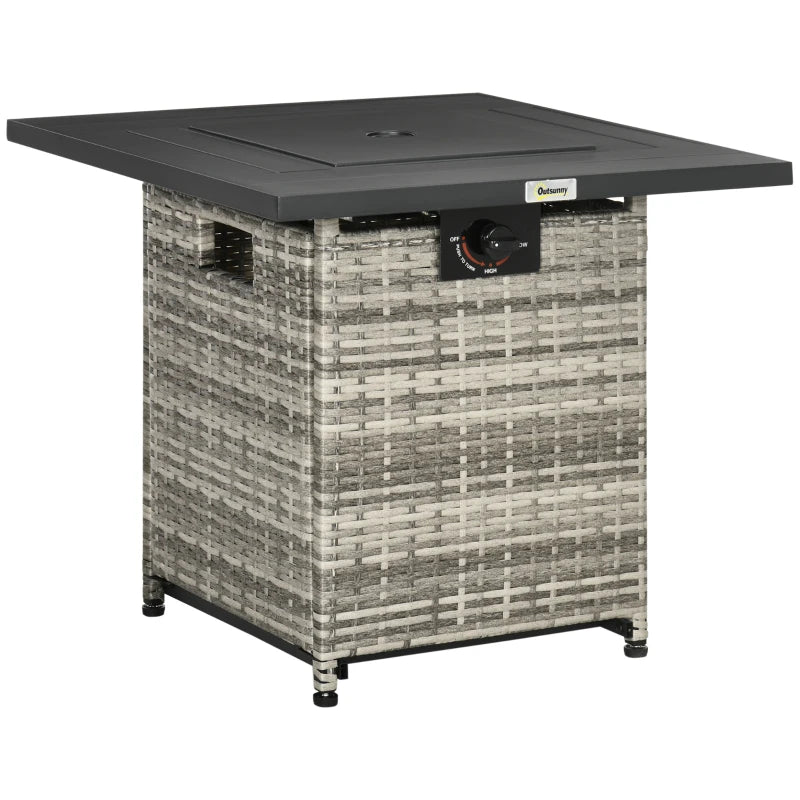 Square Rattan Gas Fire Pit Table for Patio with Lava Stone & Mesh Lid, Grey 40,000 BTU