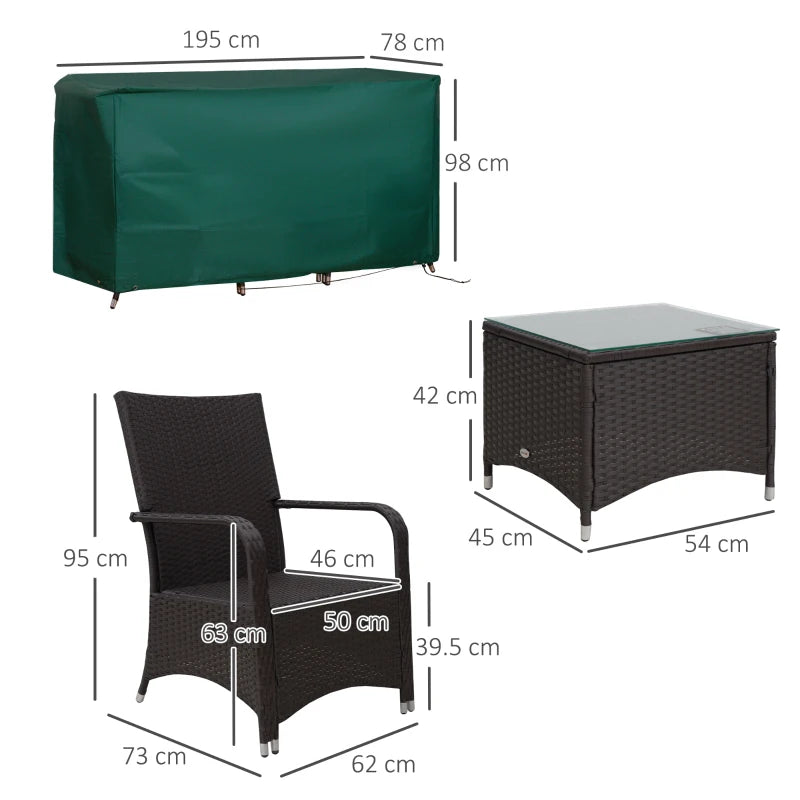 Cream White Wicker Bistro Set with Glass Coffee Table, Cushions & Cover 3-Piece Outdoor Furniture