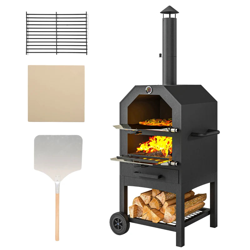 Charcoal BBQ Grill and 3-Tier Steel Outdoor Pizza Oven with Sleek Black Design