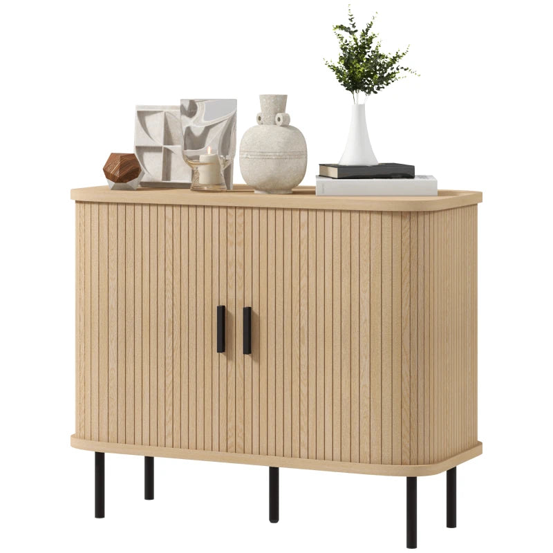 Mid-Century Storage Cabinet with Slatted Doors, Oak Finish