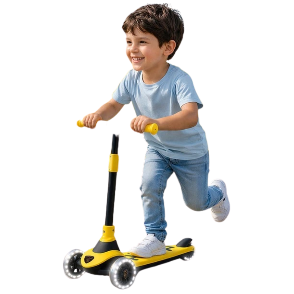 Kids 3 Wheel Scooter Led Light Up Wheels Foldable Adjustable Handlebar Lean to Steer Yellow