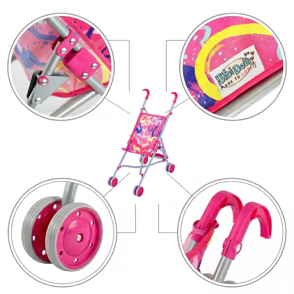 Foldable Pink Baby Doll Stroller Buggy Pram Jogger with Accessories Toy for Kids Roleplay