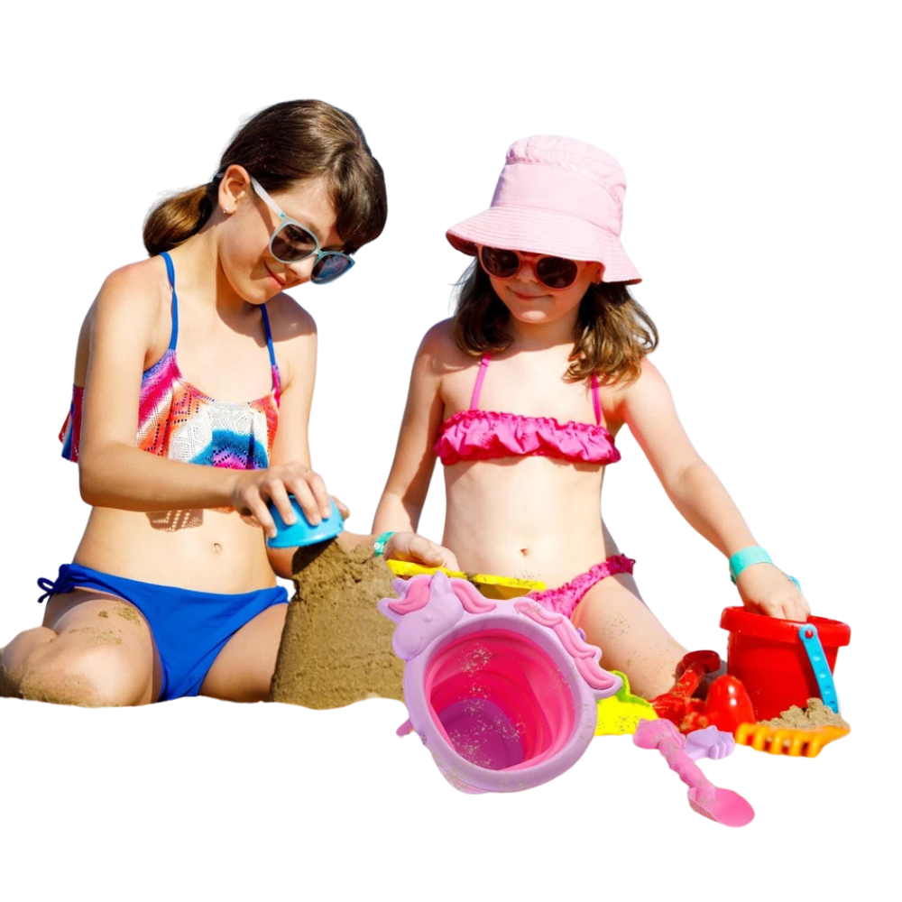 Kids Foldable Beach Bucket Spade Set Collapsible Unicorn Sandpit Toys Shovel Rake Outdoor Play