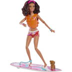 Barbie Beach Doll Brunette Posable Figure with Surfboard Puppy Accessories Toy 3+