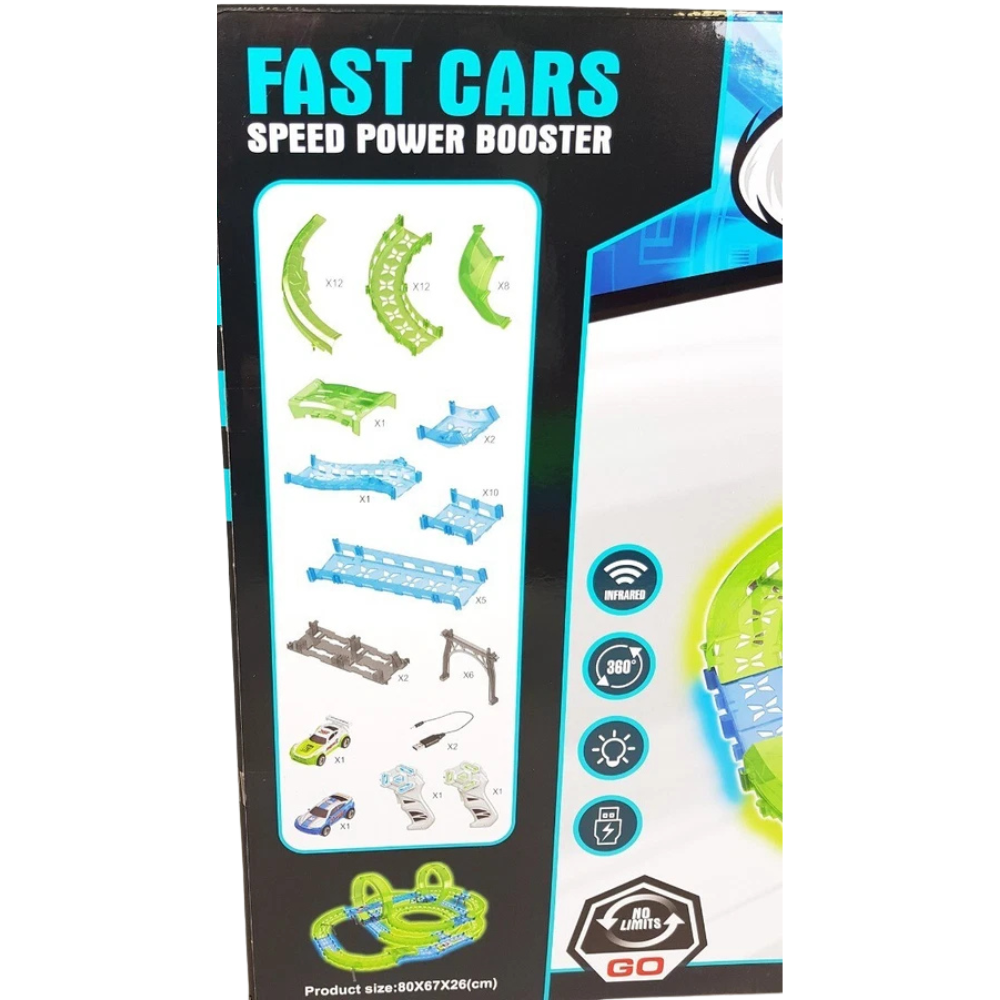 Glow in the Dark Racing Track Set 65 Piece Rc 2 Player Slot Cars Loops Stunts Kids Gift 6+