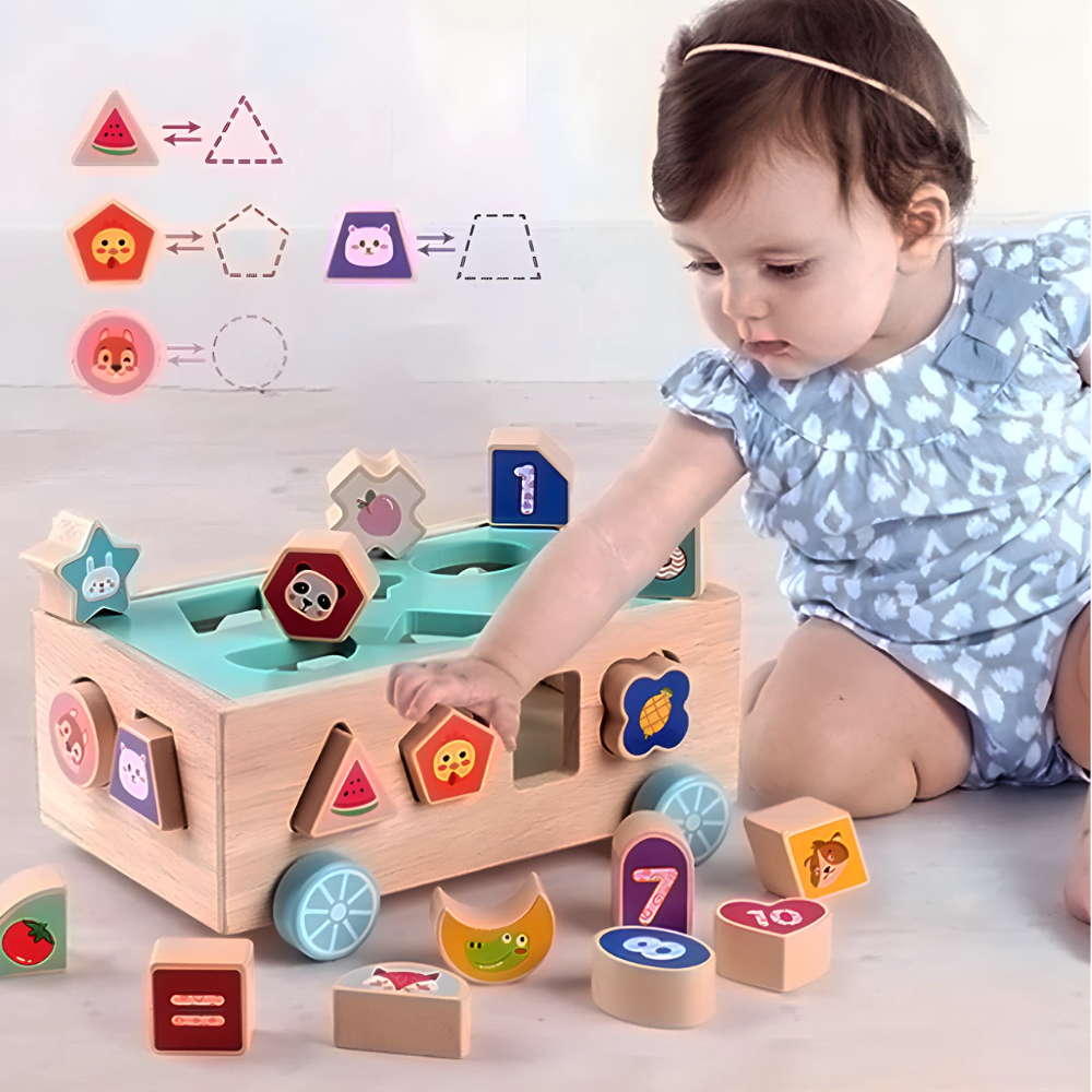 Wooden Pull-Along Matching Car Toy with 18-Hole Intelligence Box, Early Learning Game