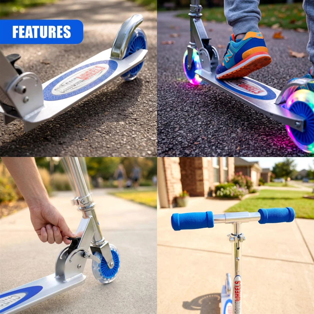 Kids Foldable Kick Scooter Blue Led Wheels Adjustable Handlebar with Carry Strap Outdoor Toy