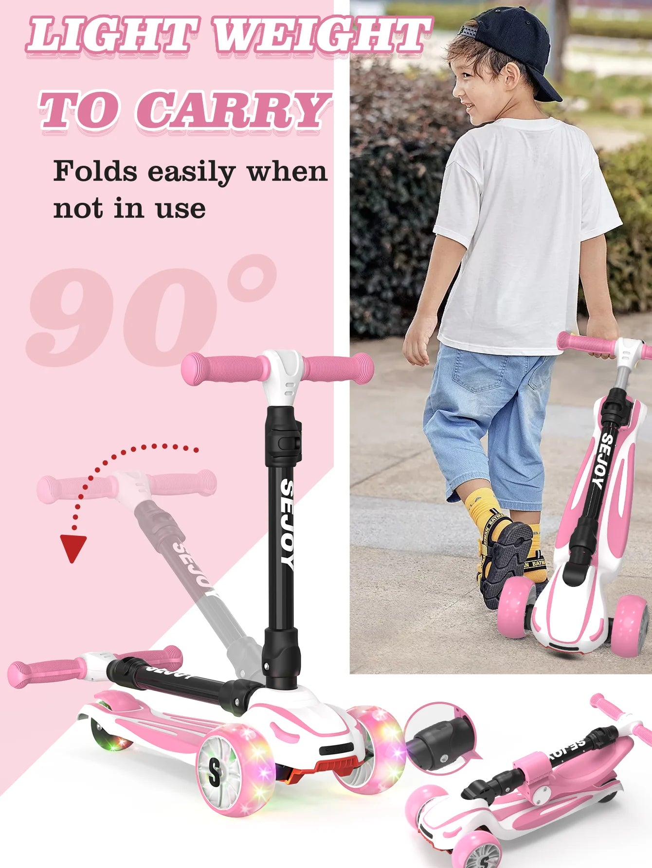 Kids Kick Scooter with 3 Light-Up Wheels Adjustable Height Toddler Toy Gift