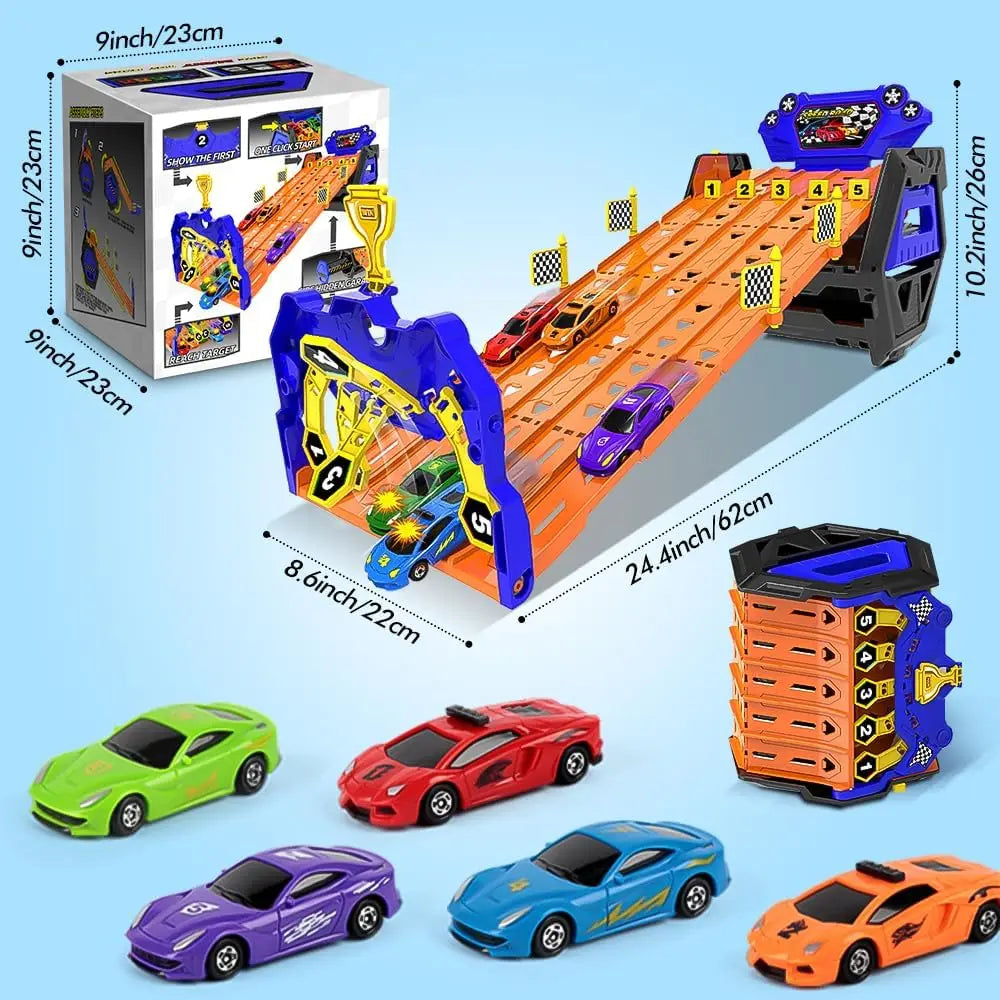VATOS 5-Track Race Truck Toy Set with 5 Cars Portable Carrier for Kids Boys & Girls