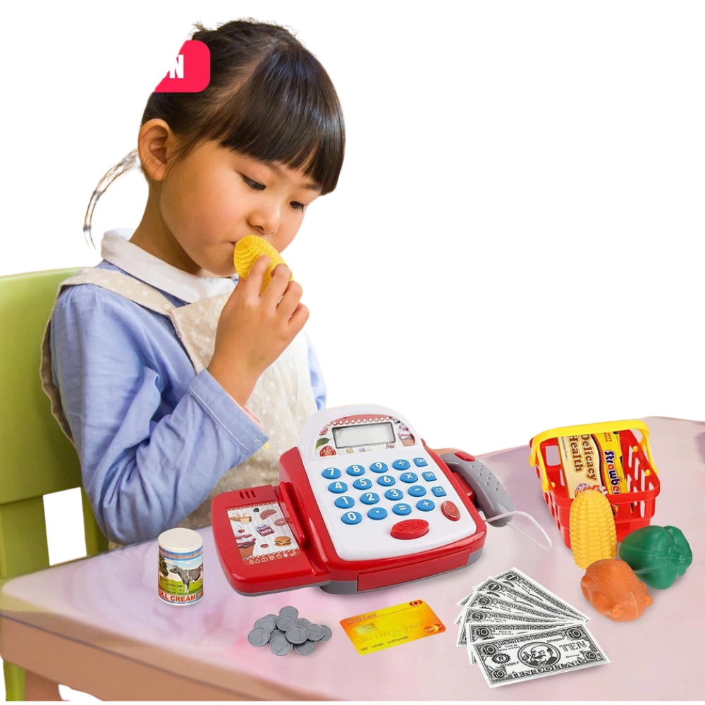 Kids Electronic Cash Register Toy Working Scanner Till Play Food Shopping Basket Lights Sounds