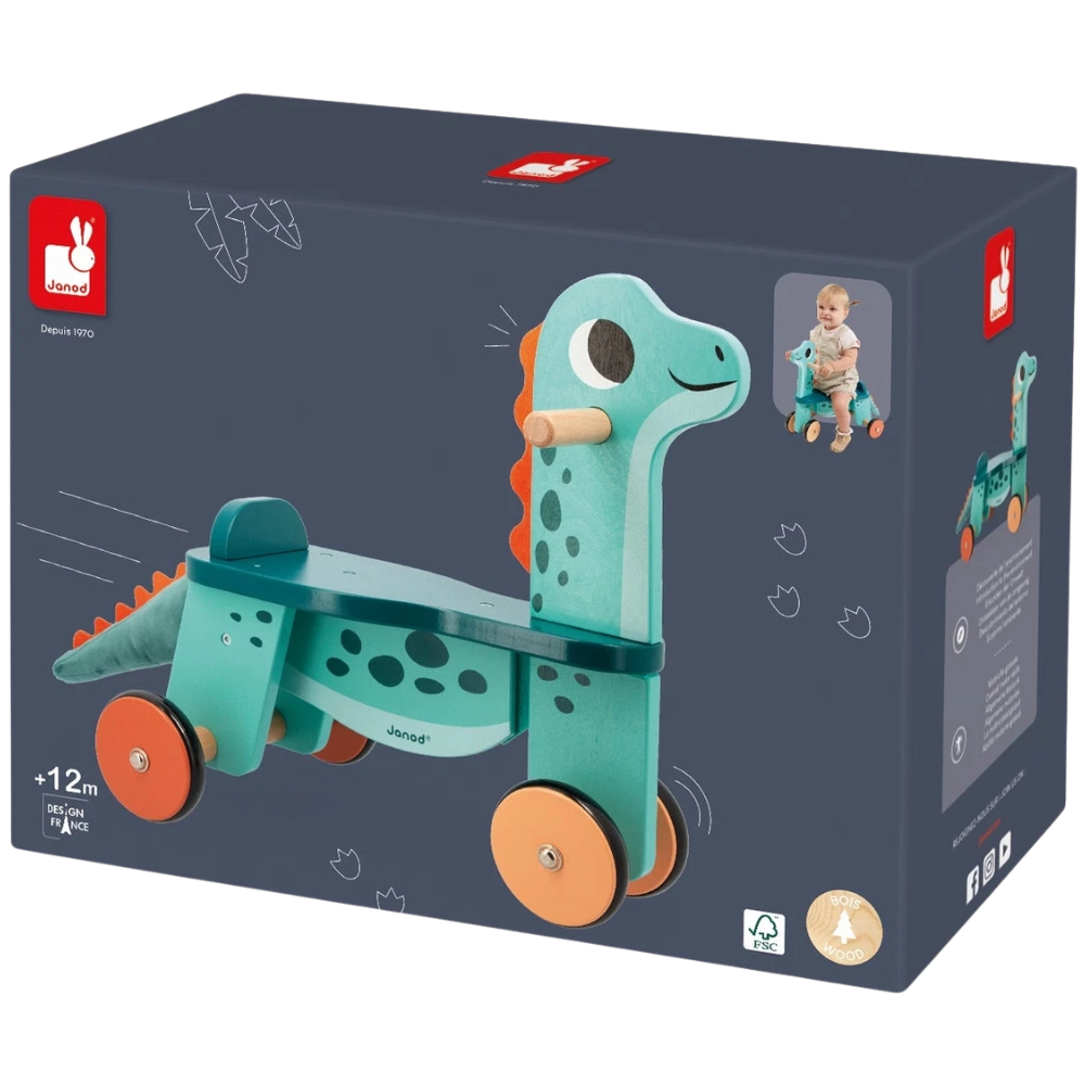 Janod Dino Portosaurus Wooden Ride-On Toy for Toddlers 12 Months+, 4-Wheel Dinosaur
