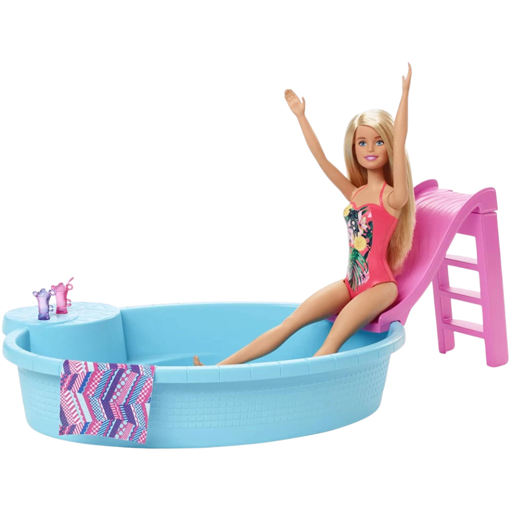 Barbie Doll Summer Pool Playset with Slide, Drinks & Accessories Mattel Girls 3+
