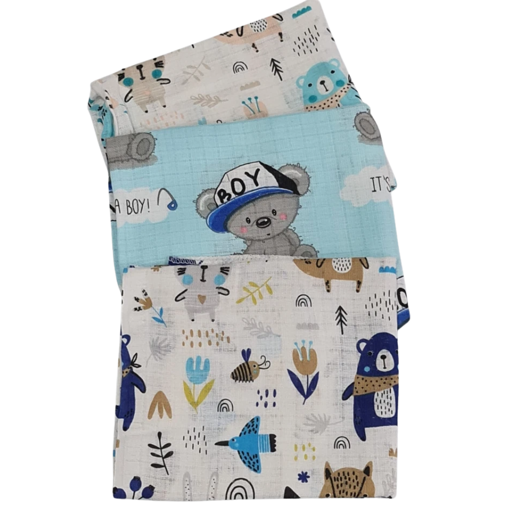 3 Pack Xl Large Printed Muslin Squares for Babies, Reusable 100% Cotton Nappy Cloths