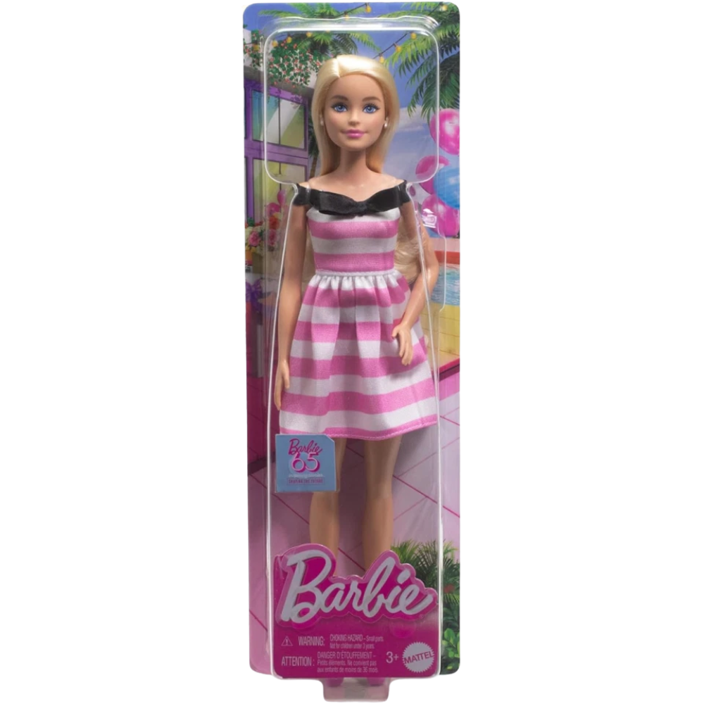 Barbie 65th Anniversary Doll Pink White Stripe Dress Collectible Fashion Figure Mattel Gift