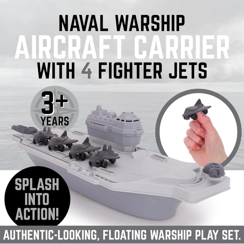 Toyland Aircraft Carrier Military Playset with 4 Detachable Fighter Jets, Floating Water Toy, Grey