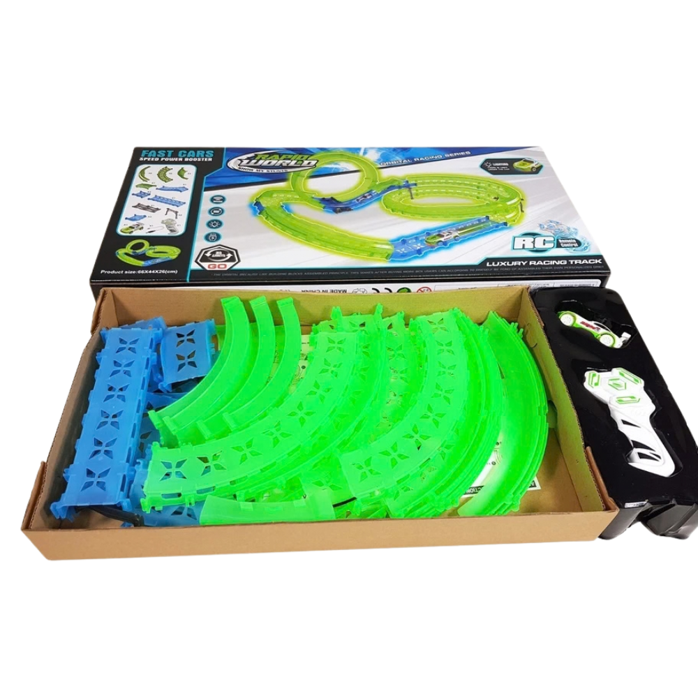 Glow in the Dark Multi-Level Race Track Set 35pc RC Car Stunt Racing Toy 6+