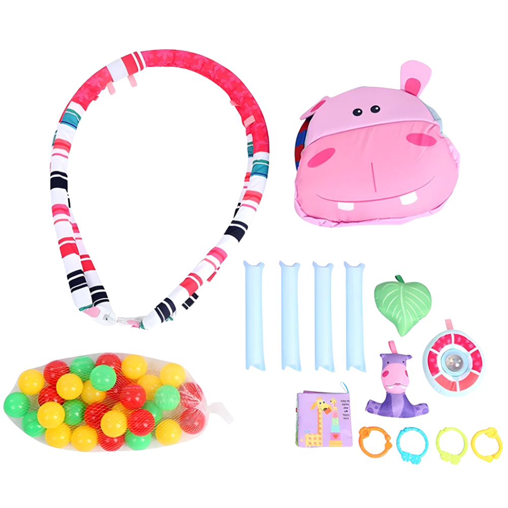 3-In-1 Foldable Hippo Baby Play Mat Gym with Storage, Hanging Toys and Colourful Balls